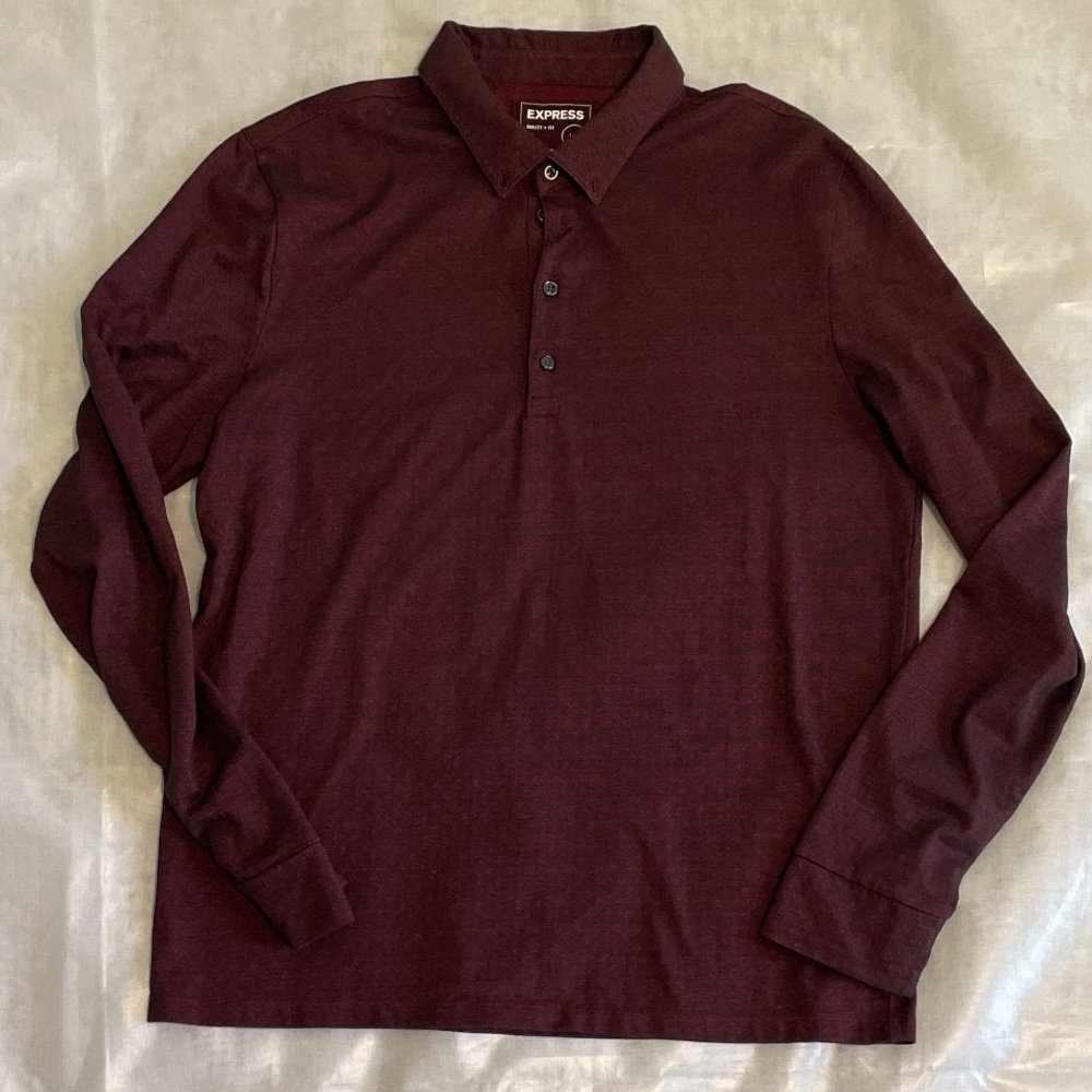 Express Men's Dark Red Patterned Button Down Polo… - image 1